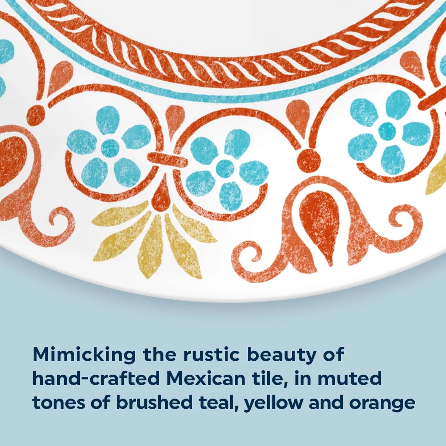 Terracotta Dreams Dinnerplate detail with text the rustic beauty of hand-crafted Mexican tile