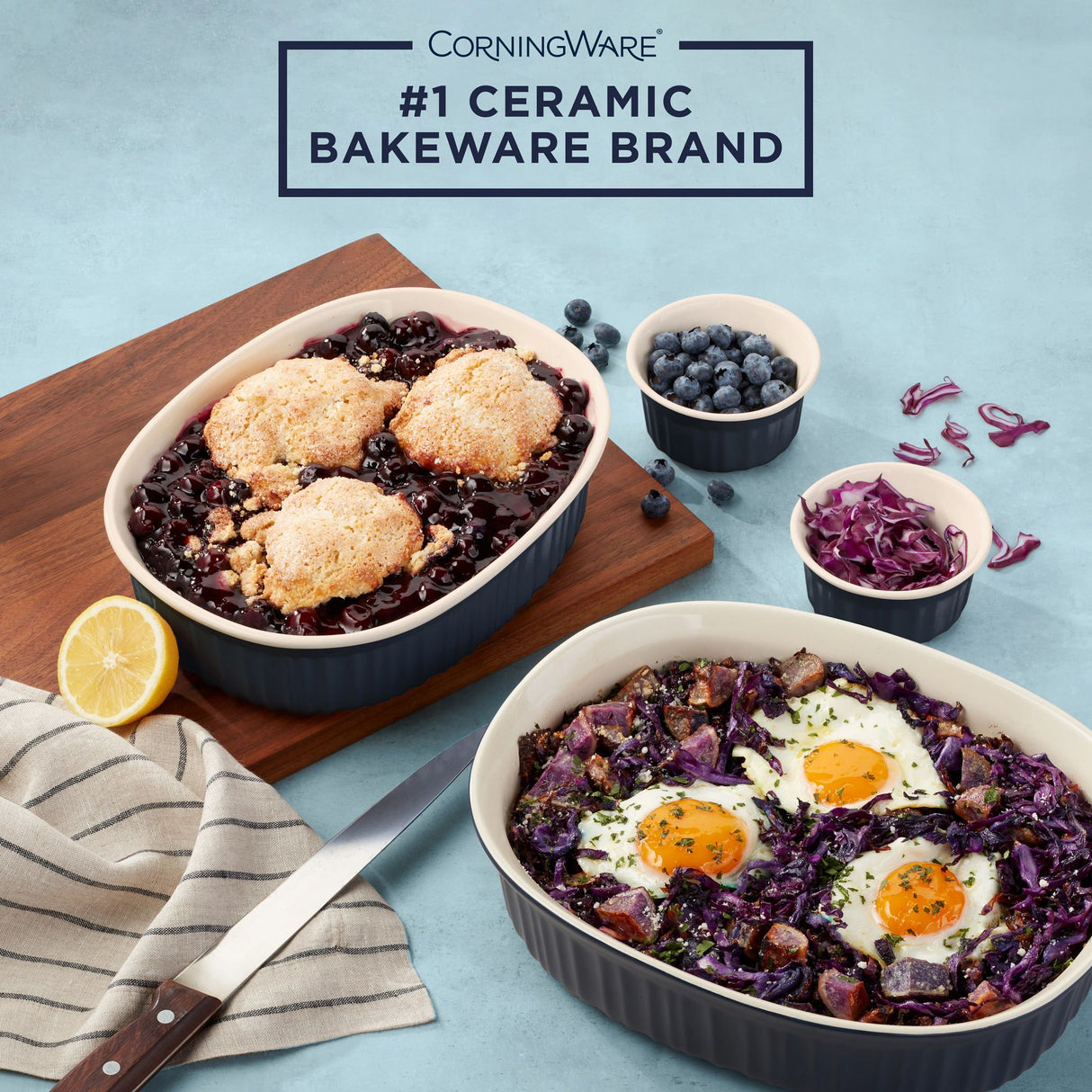 French Colors 10-pc Oval Bakeware Set, Navy with food inside & text on photo #1 ceramic bakeware brand