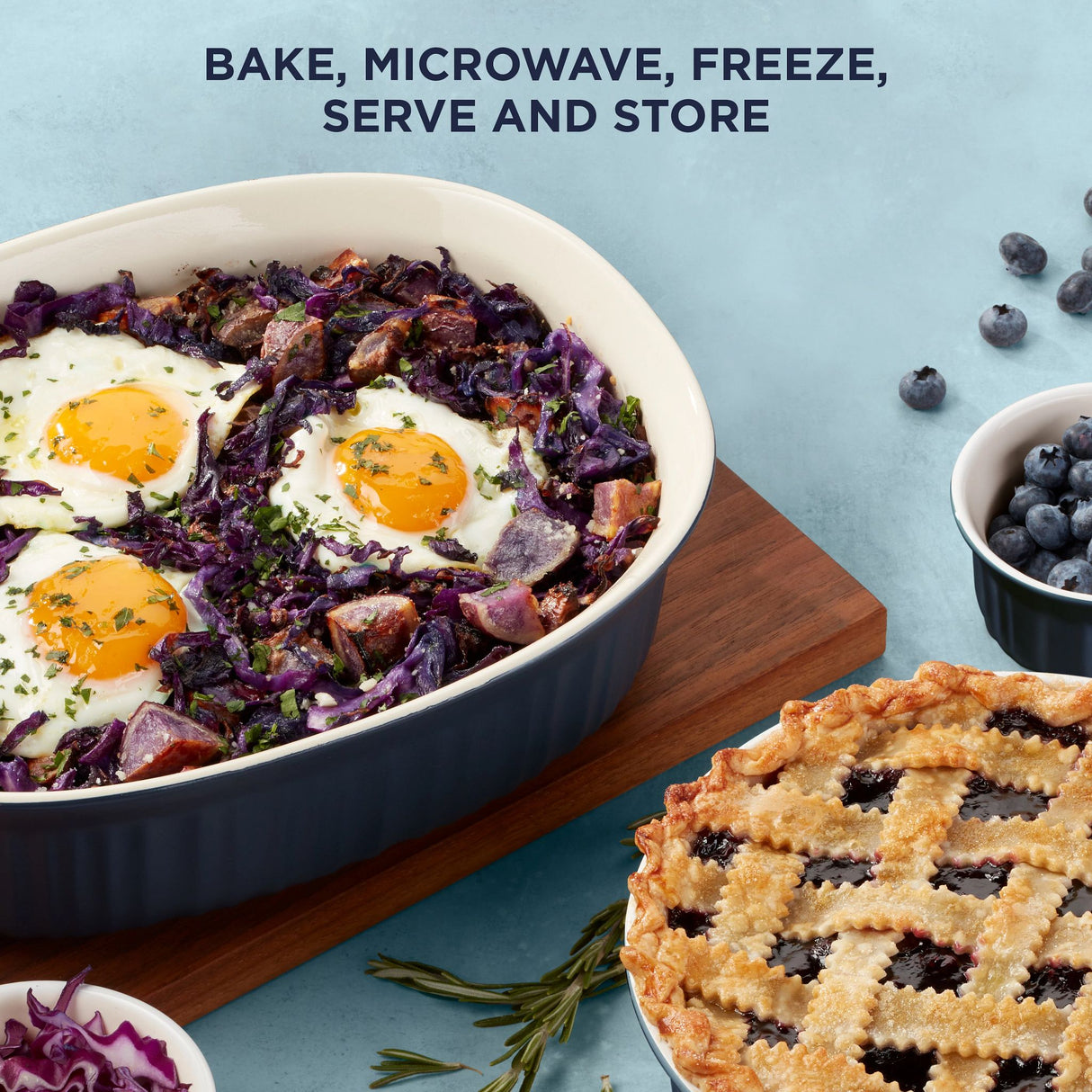 French Colors Oval Bakeware, Navy with food inside & text on photo bake, micowave, freeze & store