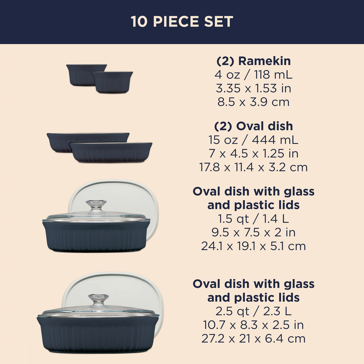 French Colors 10-pc Oval Bakeware Set Dimensions