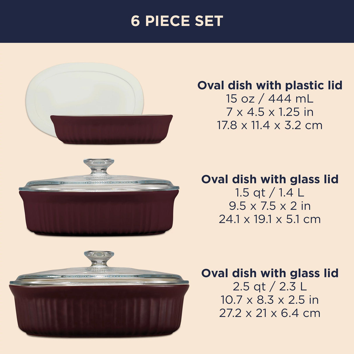 French Colors 6-piece Bakeware Set, Cabernet shown with dimensions of each bakeware dish