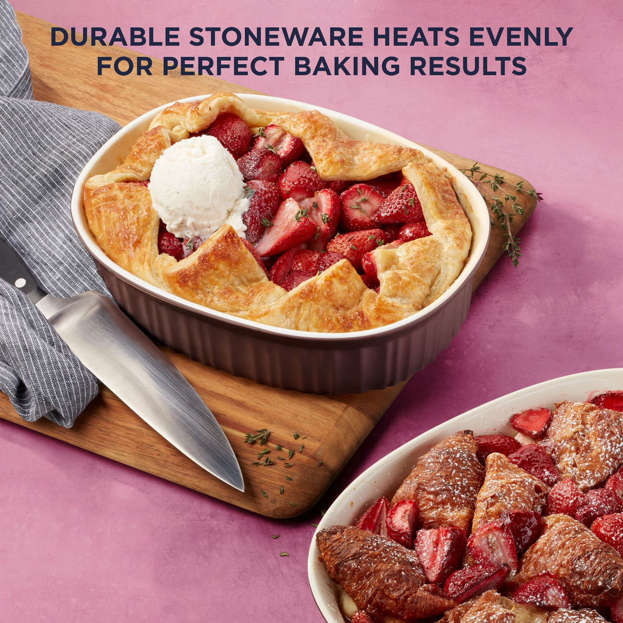 French Colors oval bakeware on the table with food inside and text durable stoneware heats evenly for perfect backing results