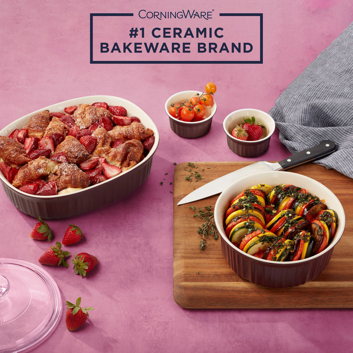 French Colors Cabernet Bakeware with food inside and text on photo #1 ceramic bakeware brand