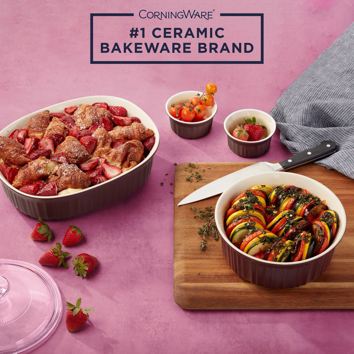French Colors Cabernet Bakeware with food inside and text on photo #1 ceramic bakeware brand