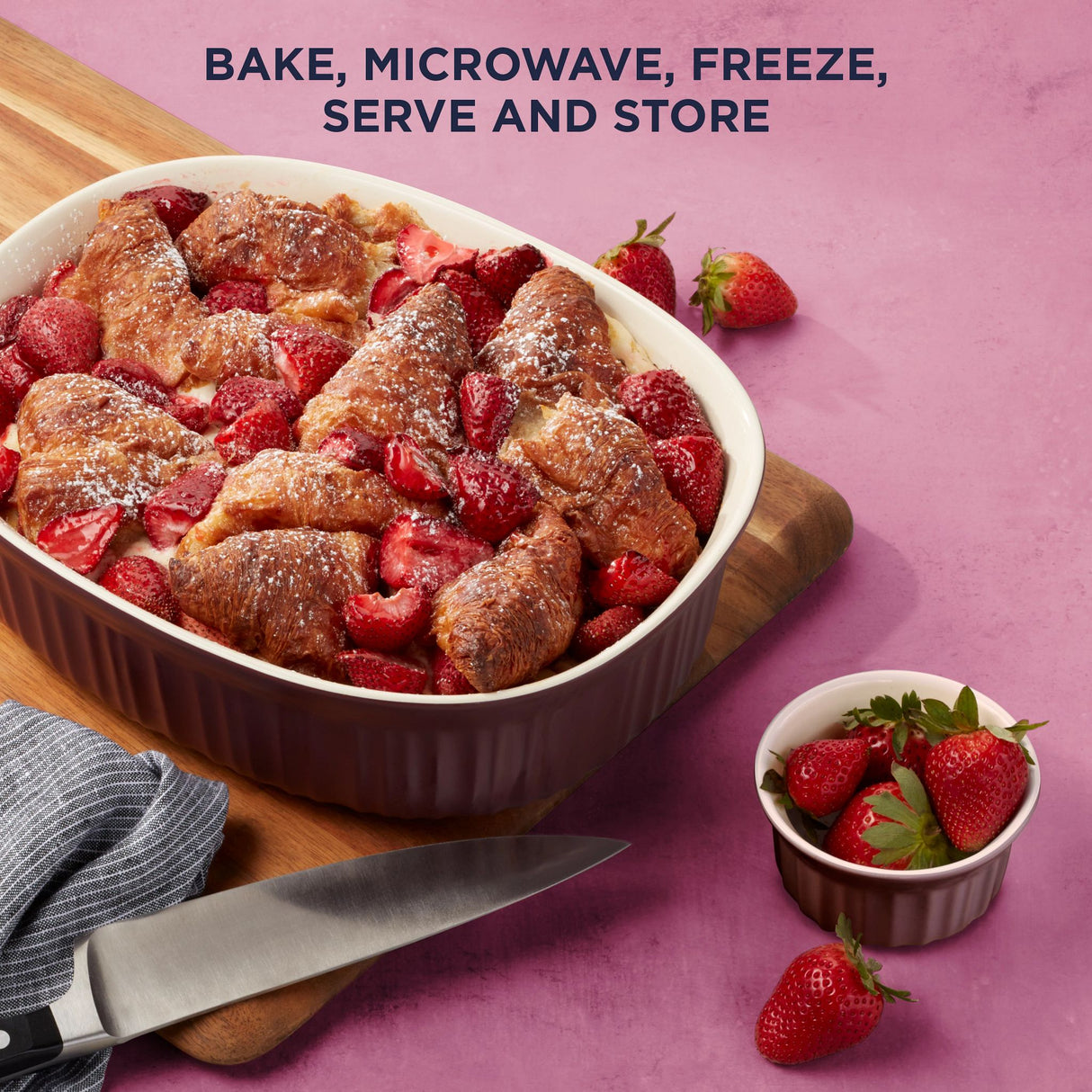 French Colors Bakeware, Cabernet with food inside and text on photo bake, microwave, freeze, serve & store