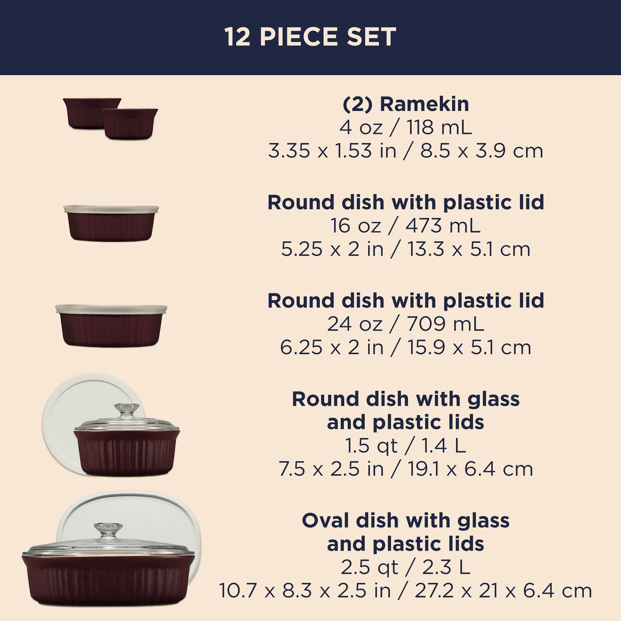 French Colors 12-piece Bakeware, Cabarnet dimensions
