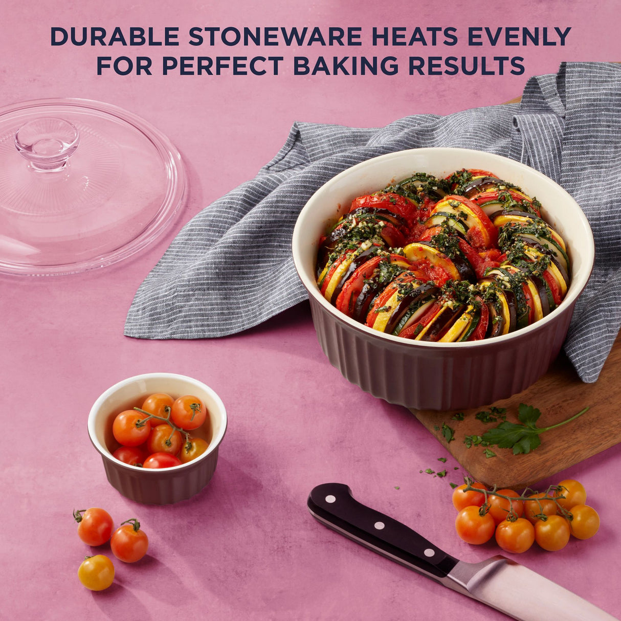 French Colors Bakeware, Cabernet & ramekins with food inside and text on photo durable stoneware heats evenly for perfect baking