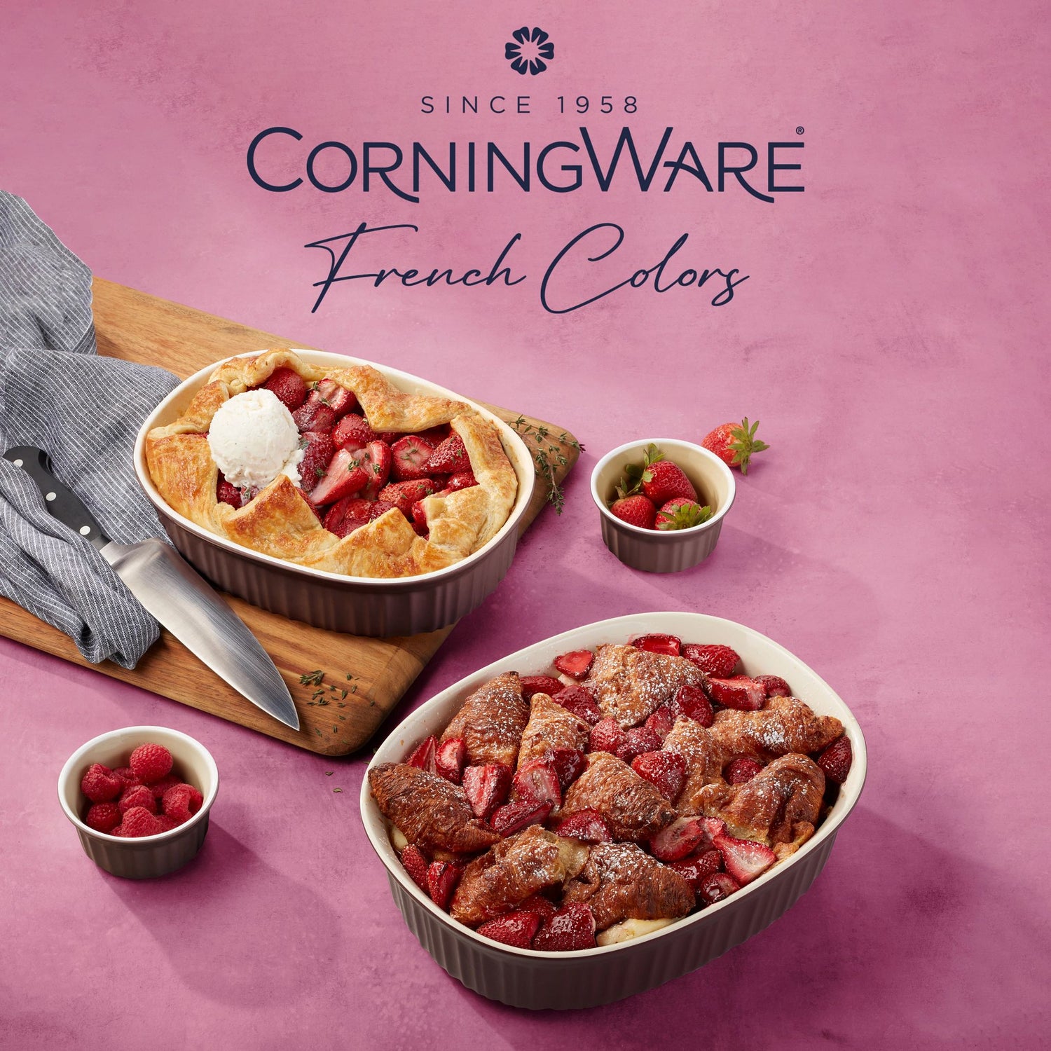 French Colors Bakeware, Cabernet with food inside and text on Corningware French Colors