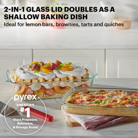  Text: Two-in-One Glass Lid doubles as a shallow baking dish ideal for lemon bars, brownies, tarts &amp; quiches