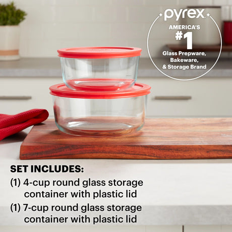  Simply Store® 4-piece Round Glass Storage Set with text americas #1 glass prepware, bakeware storage brand set inc. 1-4cup/7-cup