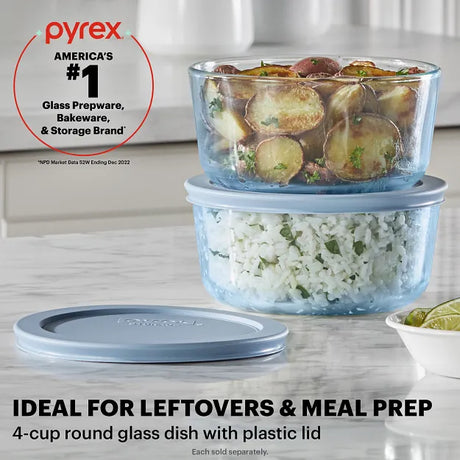  Simply Store® Tinted 4-cup Round Storage with Blue Plastic Lid with text Ideal for leftovers and meal prep