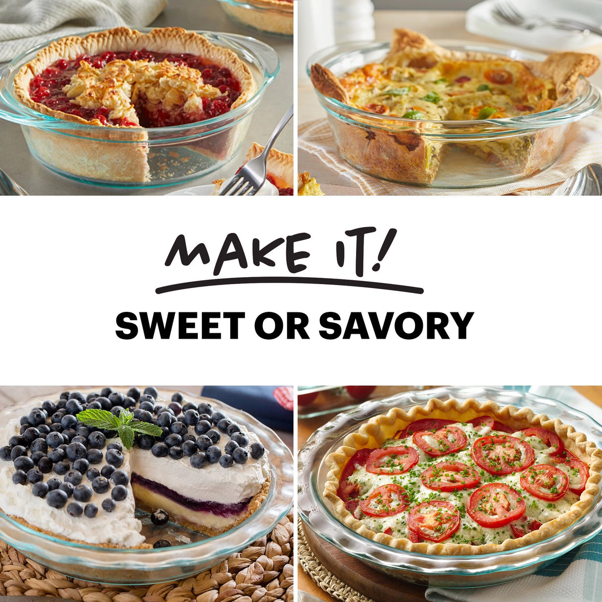  image shows pie plates with text make it sweet or savory