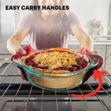  image putting pie plate in oven with text easy carry handles