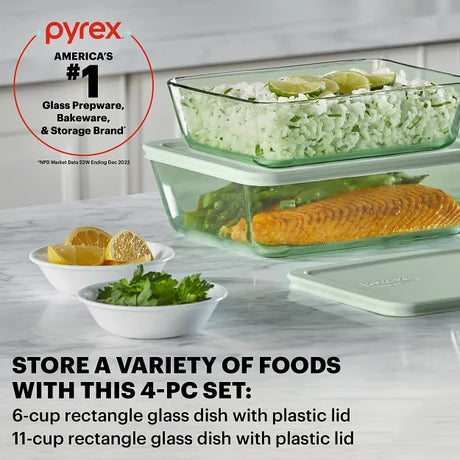  Simply Store® Tinted 4-piece Rectangle Storage Set with Green Plastic Lids with text Pyrex America's Number 1