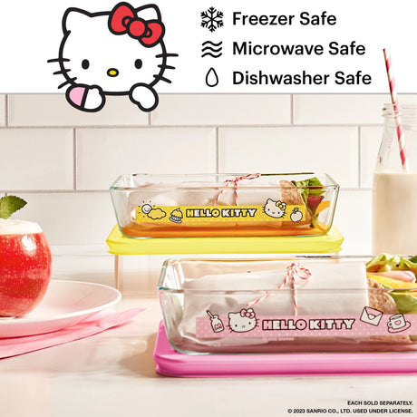  Hello Kitty 3-cup Rectangular Glass Storage on counter with another one with pink lid; text freezer, microwave &amp; dishwasher safe