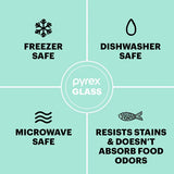  text that says freezer, dishwasher, microwave safe &amp; resisists stains and doesn't absorb odors
