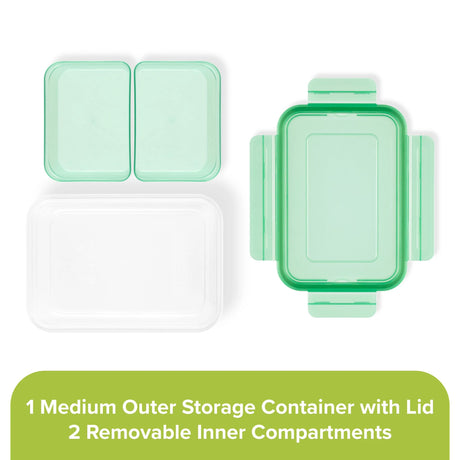  Meal Prep 2-section Divided: 4.6-cup Rectangle Storage Container with green lid showing individual pieces
