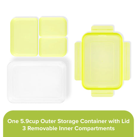  Meal Prep 3-section Divided: 5.9-cup Rectangle Storage Container with lime green lid showing individual pieces