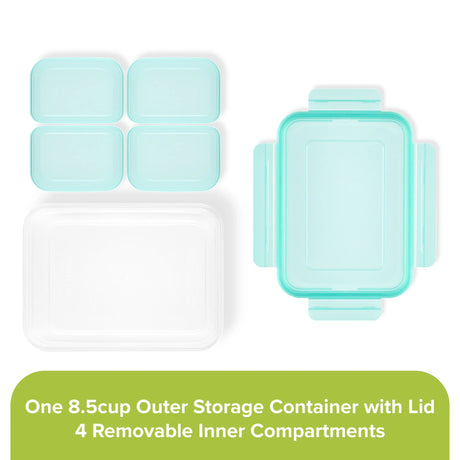  8.5-cup Meal Prep Divided Rectangle 4-section Storage Container with aqua lid showing individual pieces