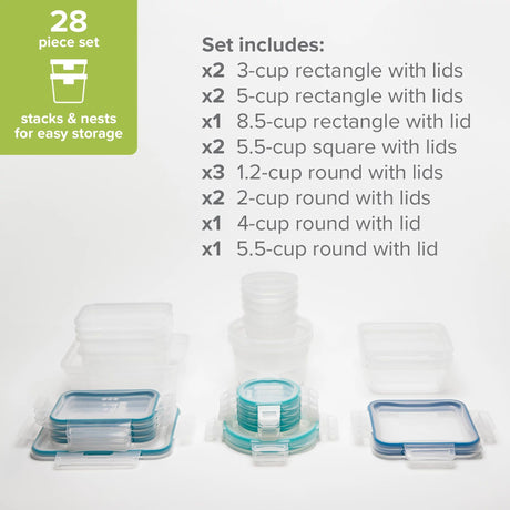  28pc set stacks &amp; nests for easy storage with list of set components listed