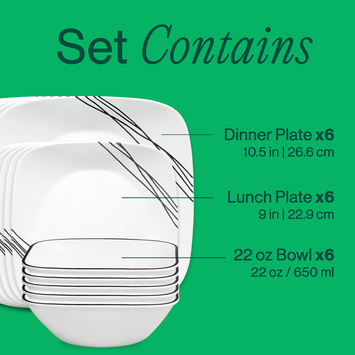Corelle® Square Simple Sketch 18-piece Dinnerware Set, Service for 6