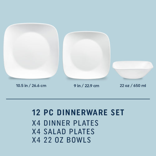 Corelle® Square™ Pure White 12-piece Dinnerware Set, Service for 4