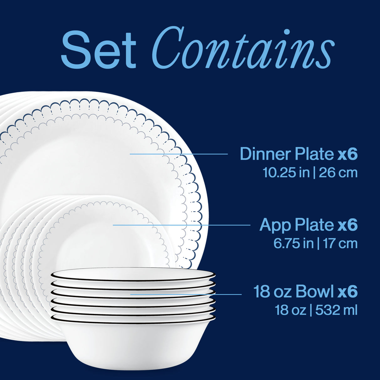 Corelle 18-Piece Dinnerware Set, Service for 6, Lightweight Round Plates and Bowls Set, Vitrelle Triple Layer Glass, Caspian