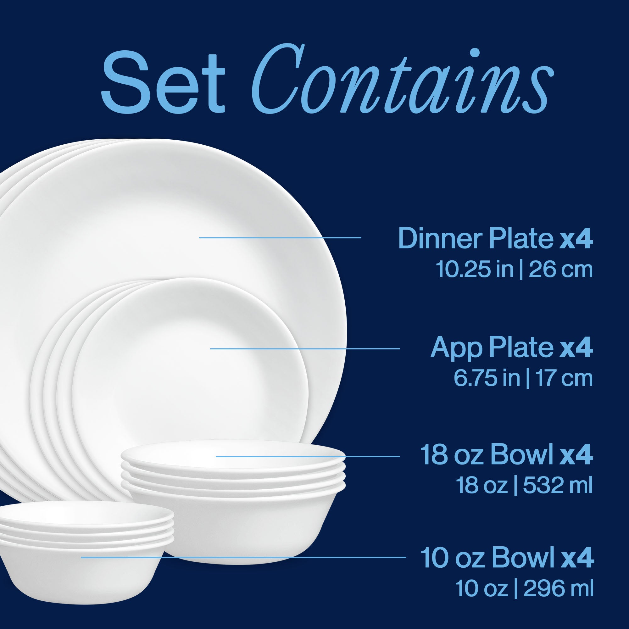 Corelle® Winter Frost White 16-piece Mugless Dinnerware Set, Service f