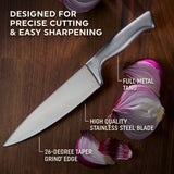 Chicago Cutlery Lasalle Chef Knife on table with onion and text designed for precise cutting & easy sharpening, full metal tang, high-quality stainless steel blade & 26" degree taper grind edge