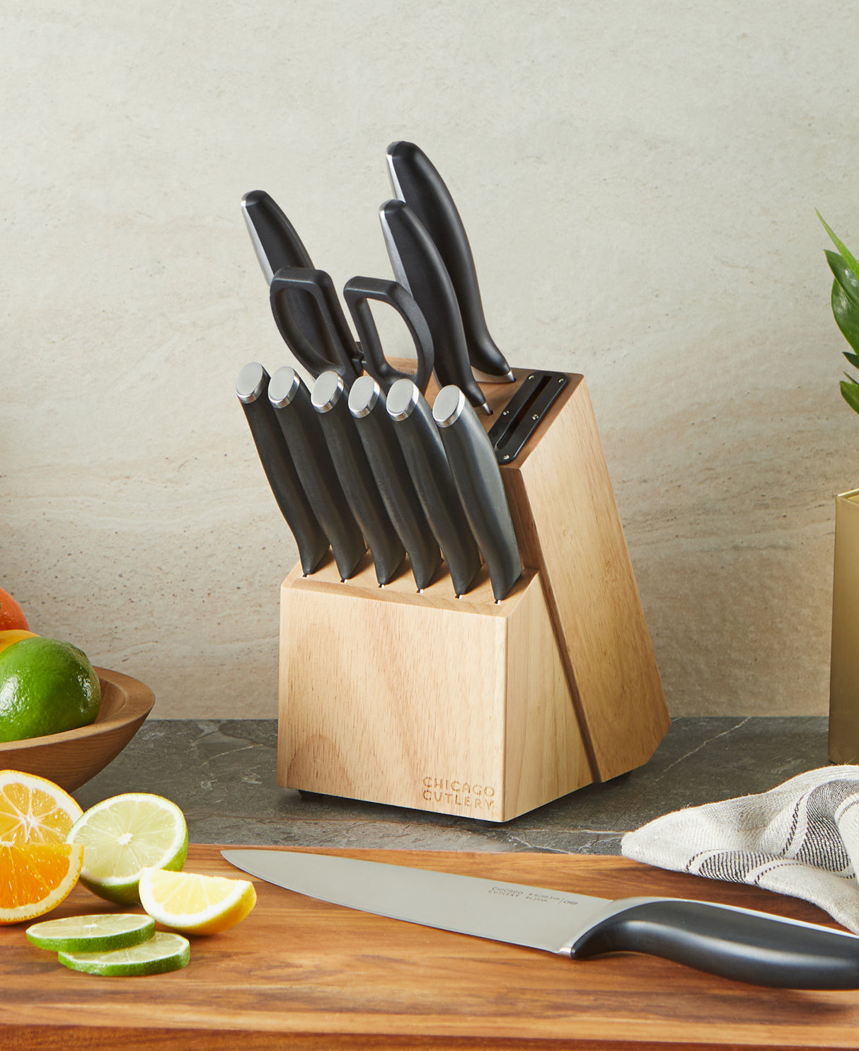 Chicago Cutlery Avondale block set on counter with chef knife in front of it.