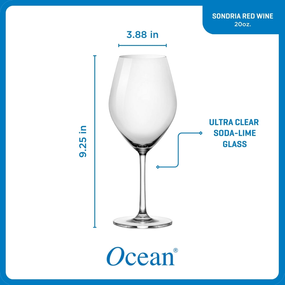 Ocean Glass Sondria Red Wine Glasses (4-pieces), 20-ounce, Dishwasher Safe