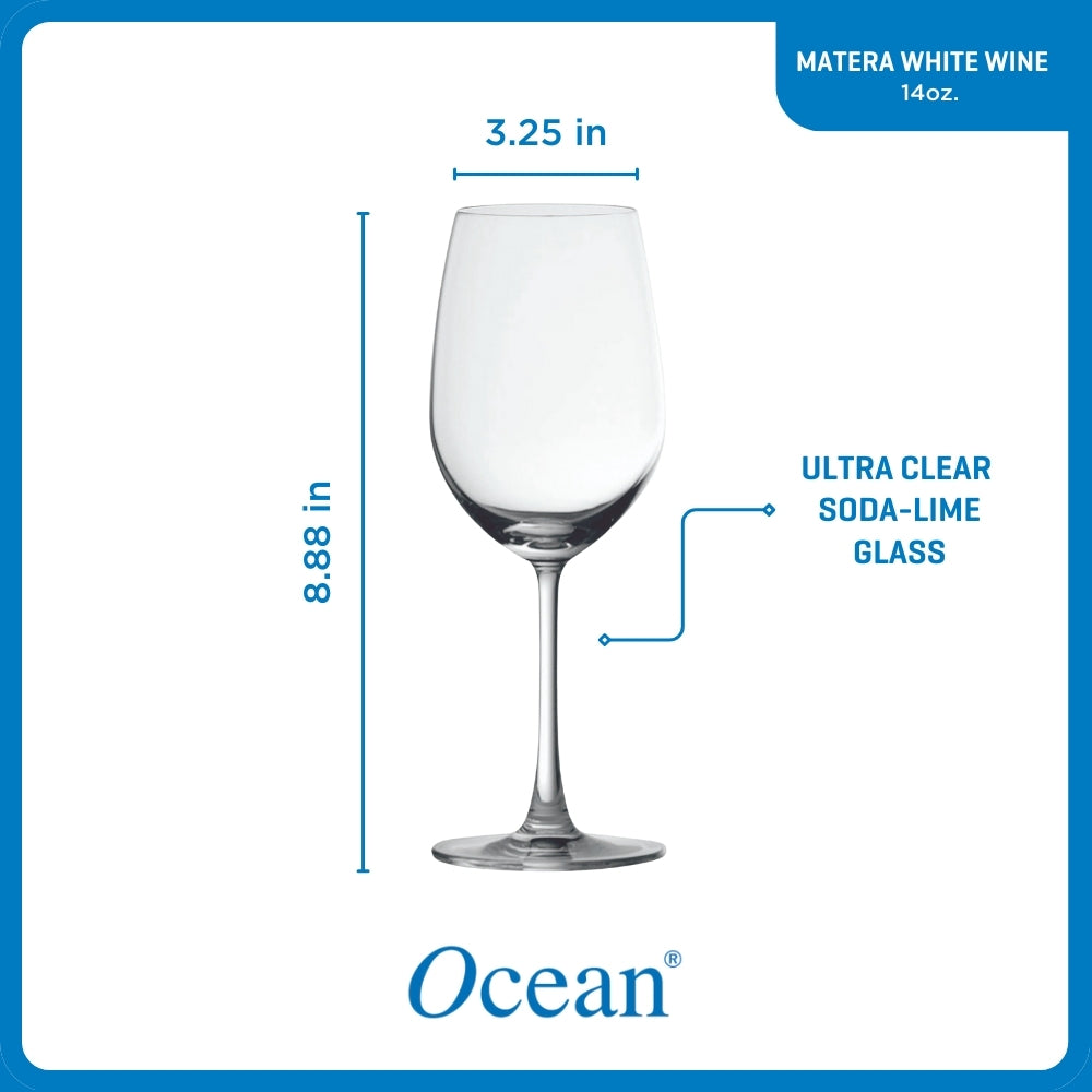 Ocean Glass Matera White Wine Glasses (4-Pieces), 14-ounce, dishwasher safe