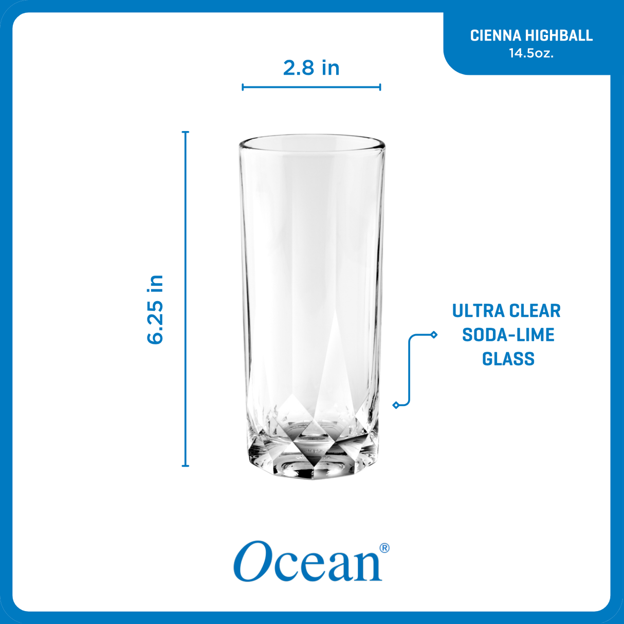 Ocean Glass Cienna Long Drink Glasses (4-Pieces), 14.5-ounce, dishwasher Safe