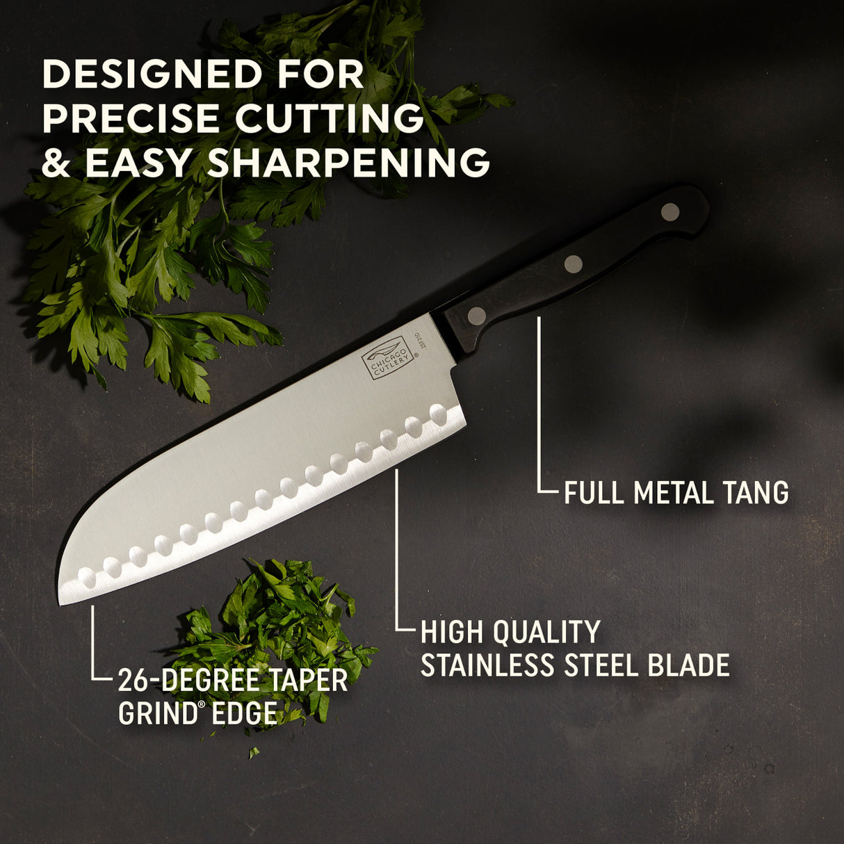 Essentials Partoku knife with text full metal tang, high quality stainless steel blade & 26-degree taper grind edge