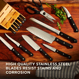 Essentials knife set on cutting board with text high quality stainless steel blades resist stains & corrosion