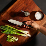 Chicago Cutlery Essentials Partoku knife being used to cut scallions