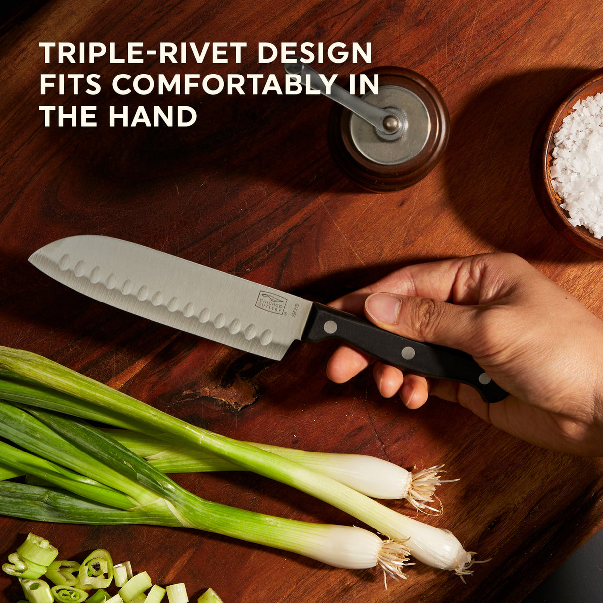 text triple rivet design fits comfortably in the hand