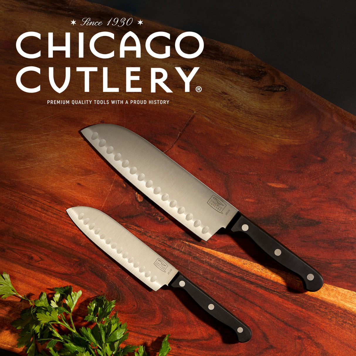 2pc Essentials Partoku/Santoku set with text Chicago Cutler premium quality tools with a proud history since 1930