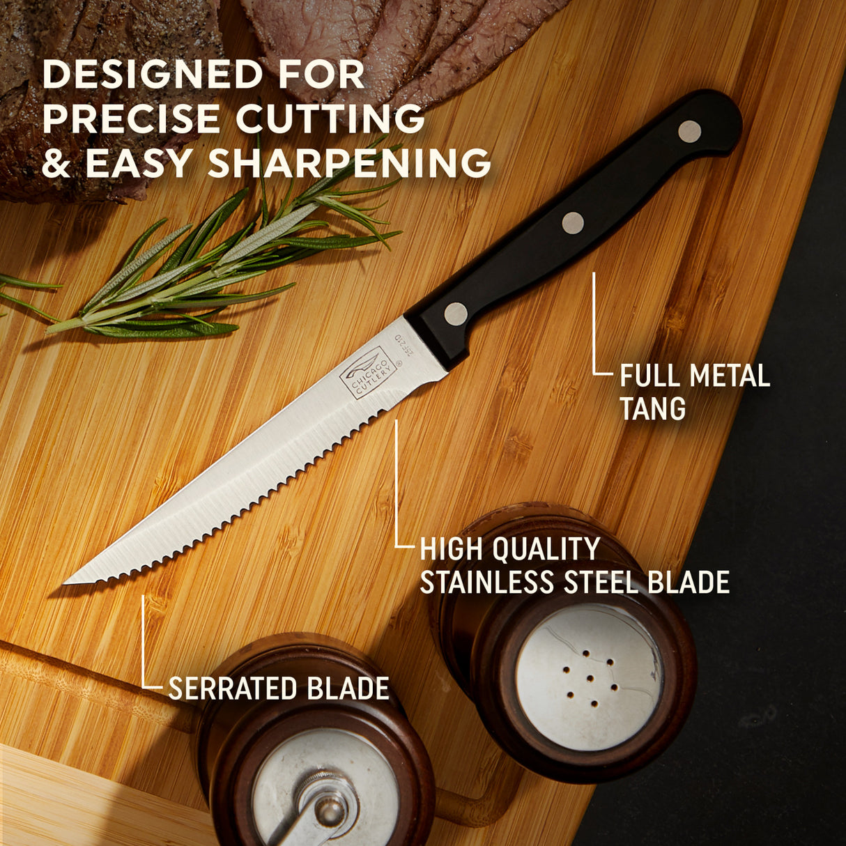 steak knife on cutting board with text designed for precise cutting & easy sharpening, full metal tang, high quality stainless steel blade, serrated blade