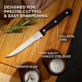 steak knife on cutting board with text designed for precise cutting & easy sharpening, full metal tang, high quality stainless steel blade, serrated blade