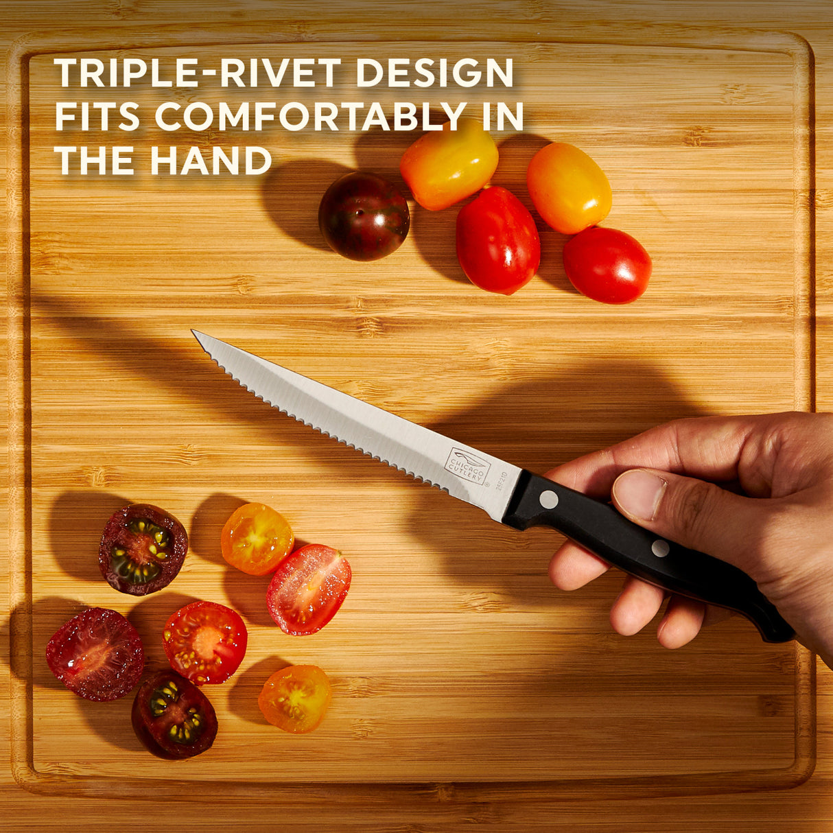 photo of steak knife with text triple rivet design fits comfortably in the hand
