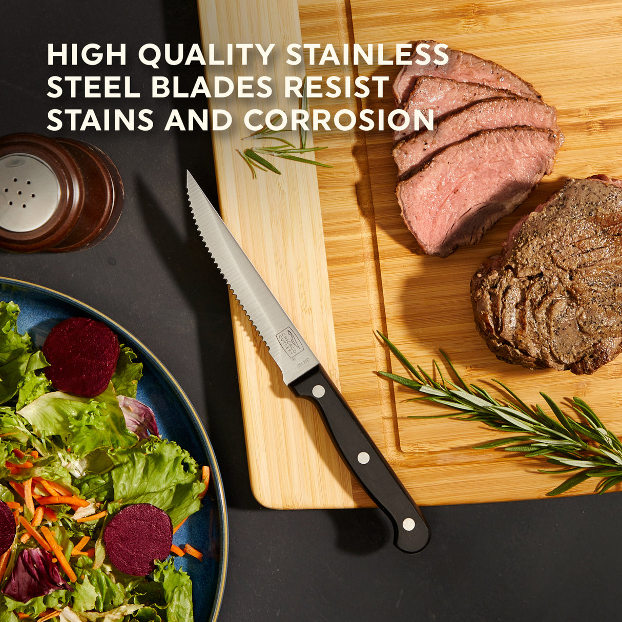 photo of steak knife with steak with text high quality stainless steel blades resist stains & corrosion
