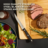 photo of steak knife with steak with text high quality stainless steel blades resist stains & corrosion