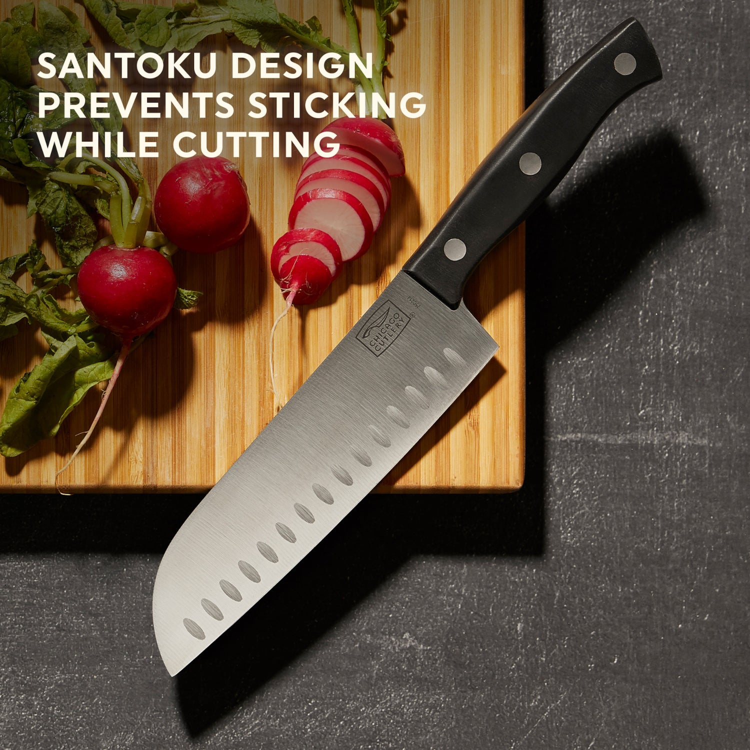 text: santoku design prevents sticking while cutting