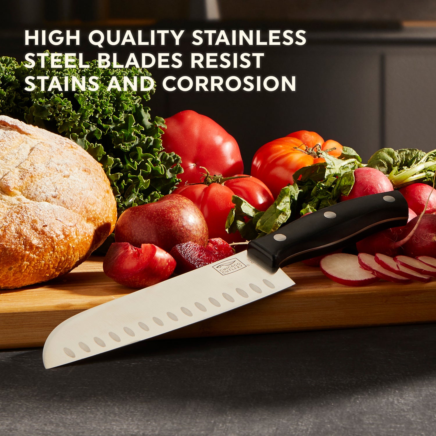 text: high quality stainless steel blades resist stains & corrosion