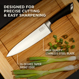 Chicago Cutlery Fusion Chef Knife on cutting board with onion with text designed for precise cutting & easy sharpening, high-quality stainless steel blade, 26-degree grind edge