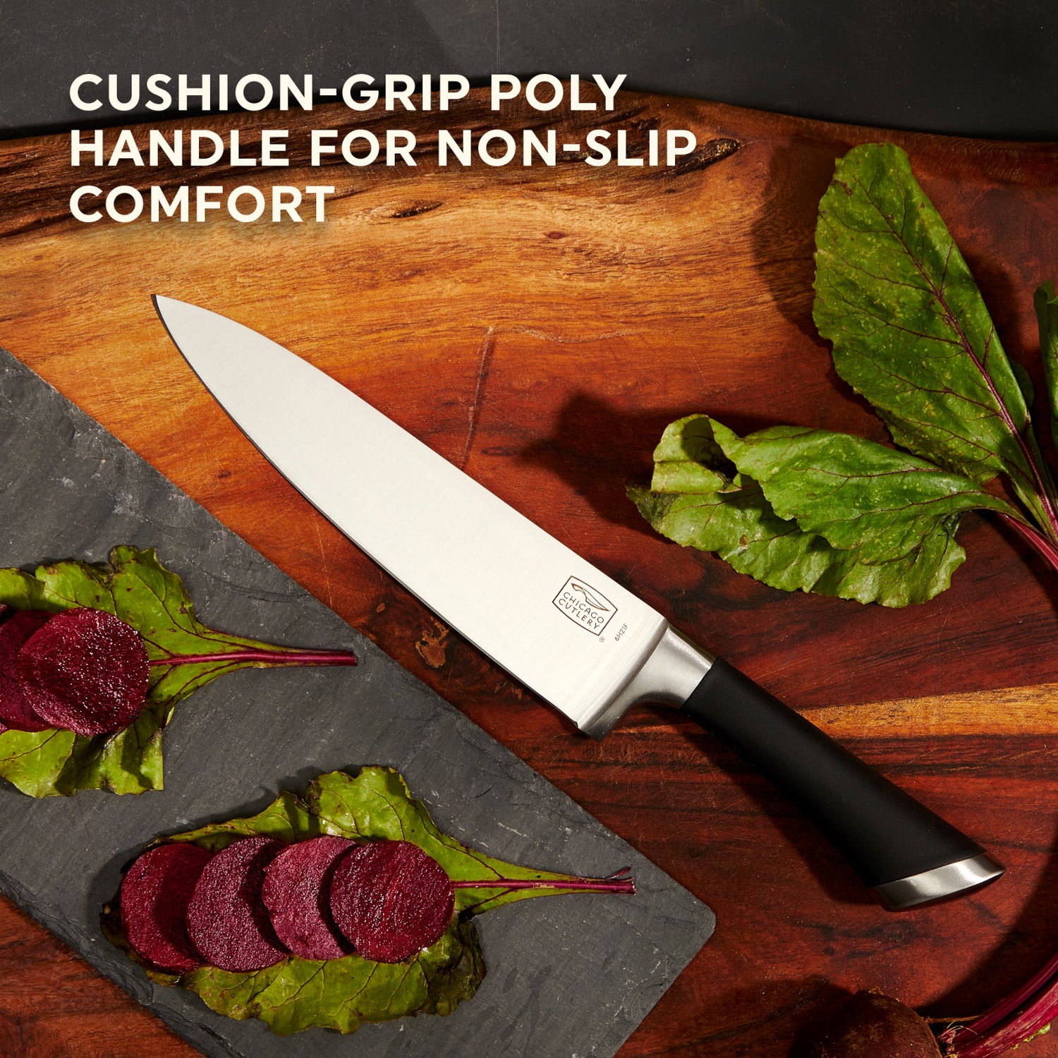 Chef knife on cutting board with Text: cushion-grip poly handle or non-slip comfort