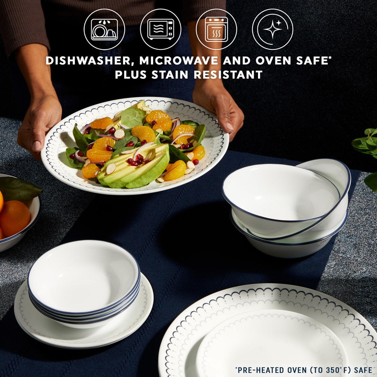 Caspian Lace dinnerware on table with text dishwasher, microwave & ovensafe plus stain resistant