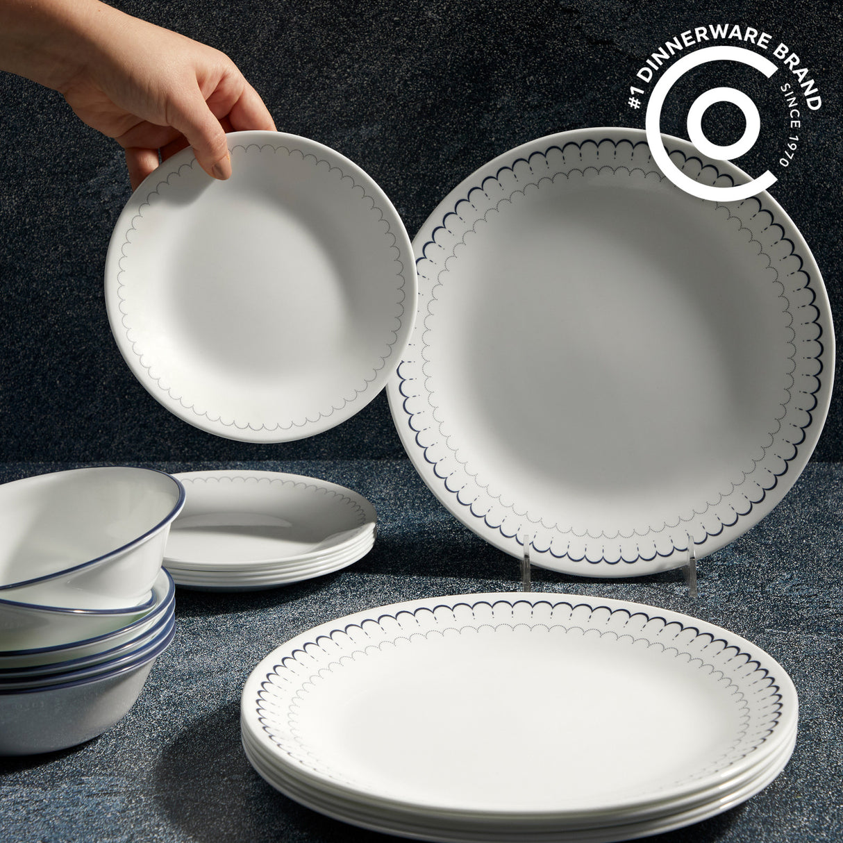 Caspian Lace dinnerware with text Corelle #1 dinnerware brand since 1970