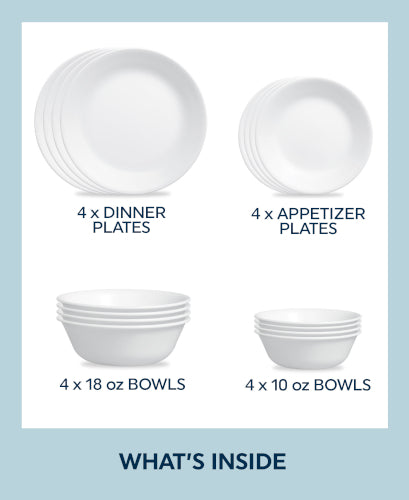 Corelle® Winter Frost White 16-piece Mugless Dinnerware Set, Service f
